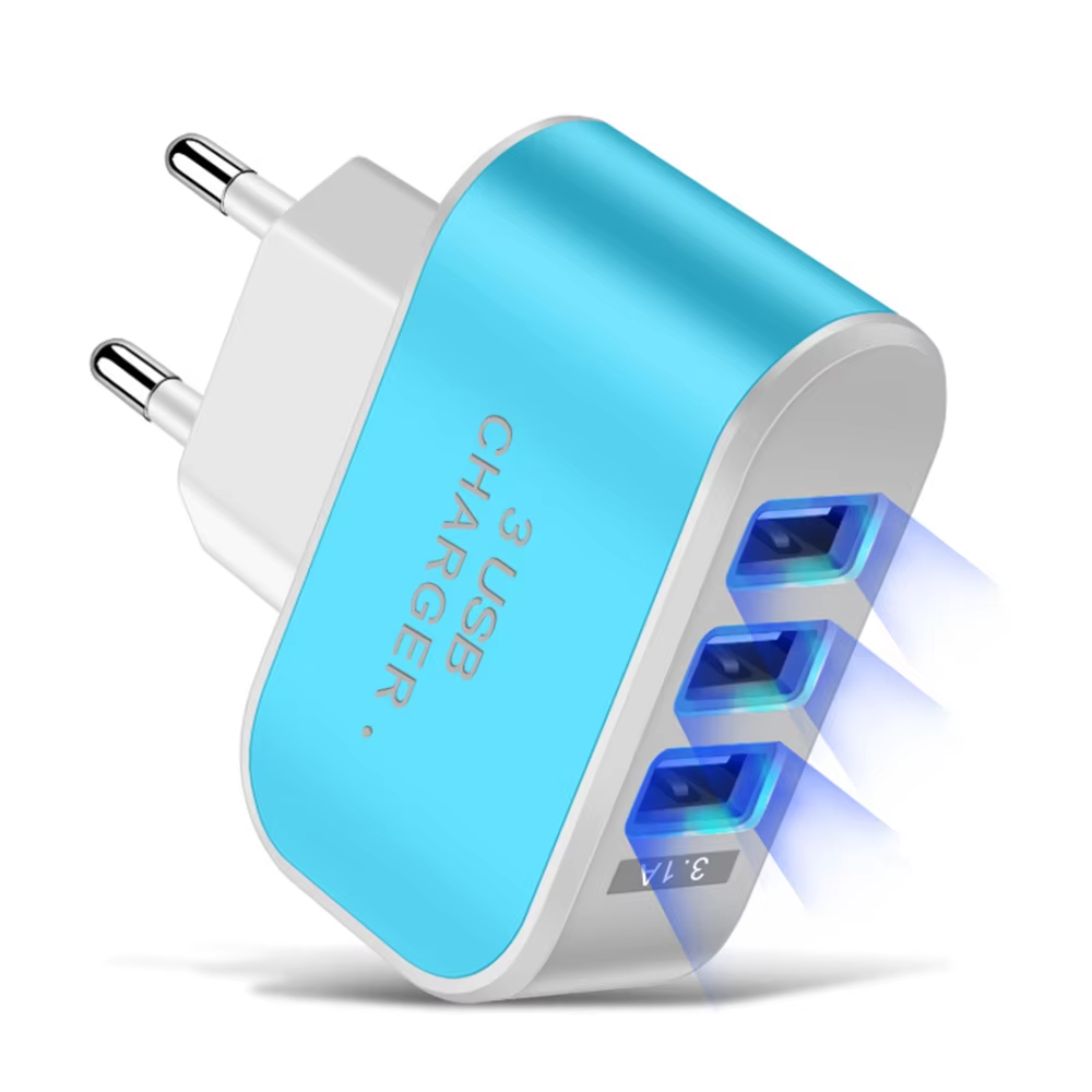 Multi-head Mobile Phone Charger with LED Light, Travel Charger, Charging Adapter, 3 USB Ports, EU and US Plug
