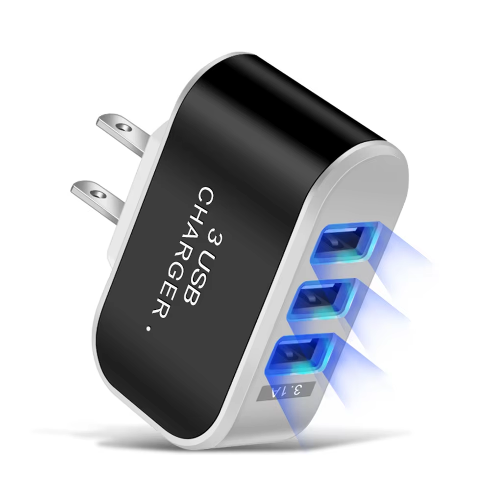 Multi-head Mobile Phone Charger with LED Light, Travel Charger, Charging Adapter, 3 USB Ports, EU and US Plug