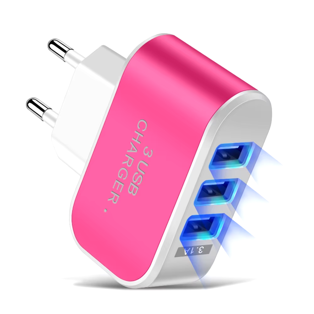 Multi-head Mobile Phone Charger with LED Light, Travel Charger, Charging Adapter, 3 USB Ports, EU and US Plug