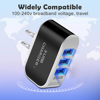 Multi-head Mobile Phone Charger with LED Light, Travel Charger, Charging Adapter, 3 USB Ports, EU and US Plug 