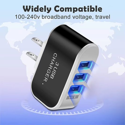 Multi-head Mobile Phone Charger with LED Light, Travel Charger, Charging Adapter, 3 USB Ports, EU and US Plug 